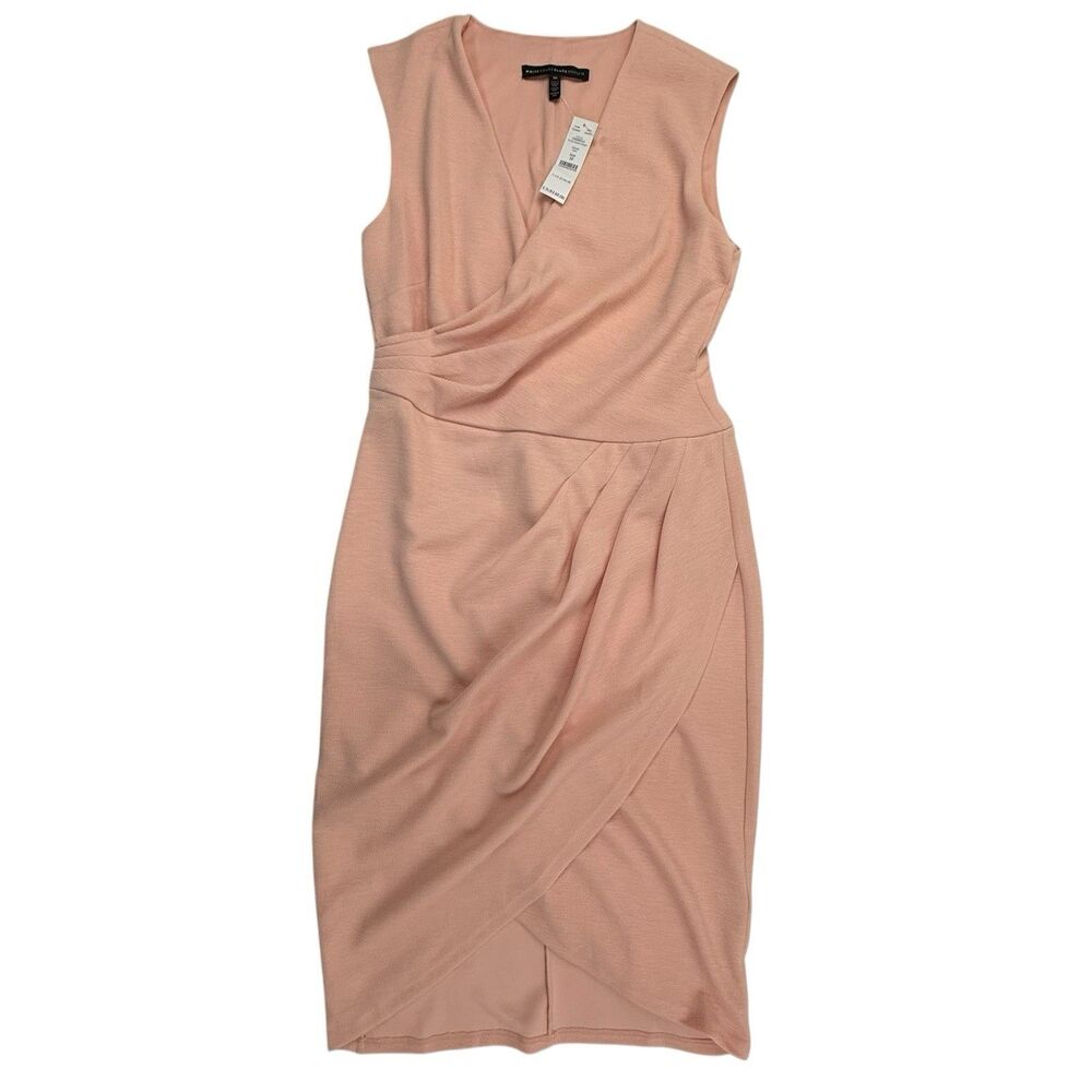 NEW WHBM Asymmetrical Surplice Sheath Dress Women 10 Peach $140 Wrap Pleated